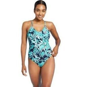 Kona Sol Size S Loop Back One Piece Swimsuit Navy Aqua Palm Print Tropical Beach